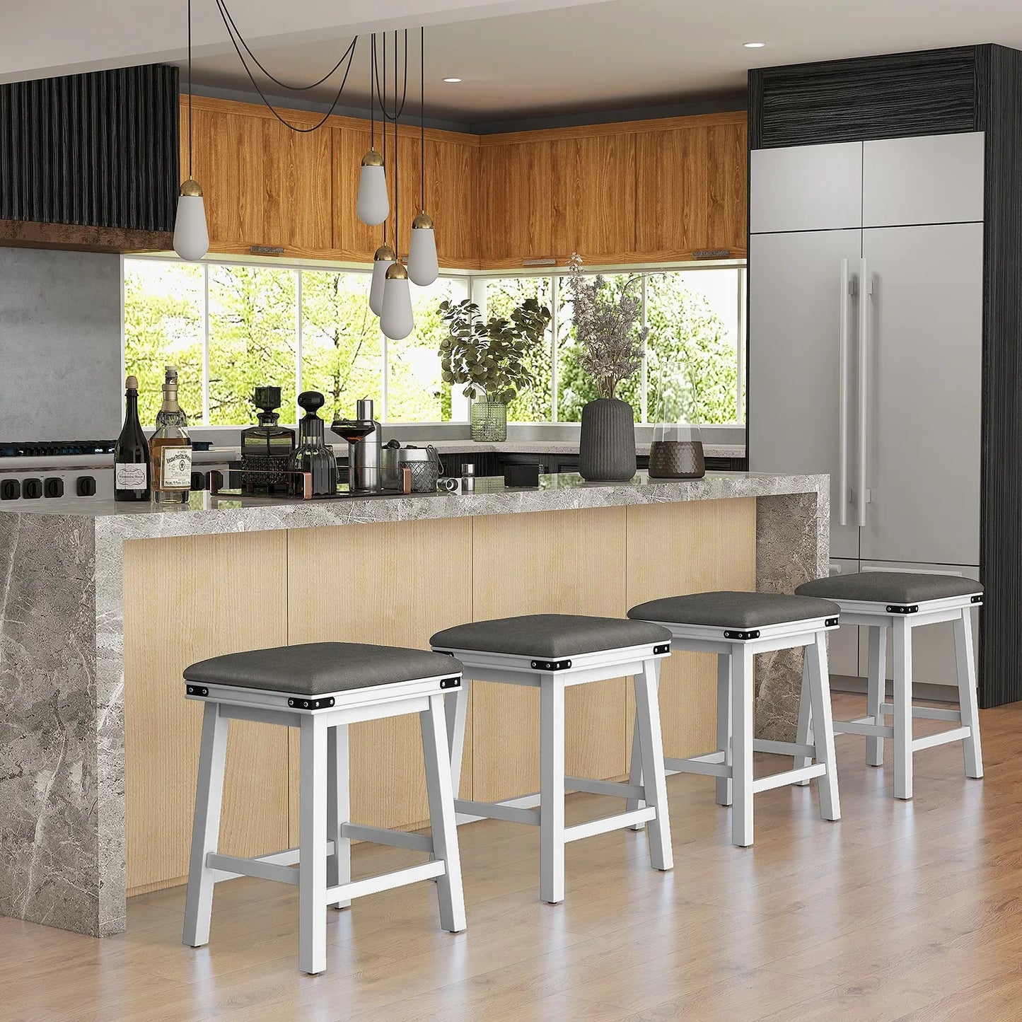 24" Counter‑Height Bar Stools (4-Pack) – Leather Upholstered Seating with Footrest