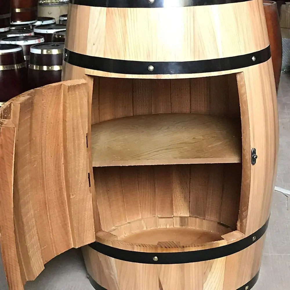 Solid Wood Oak Barrel Wine Cabinet with Locking Door - Decorative Barrel Display - Natural Wood Storage - Perfect Wine Cellar