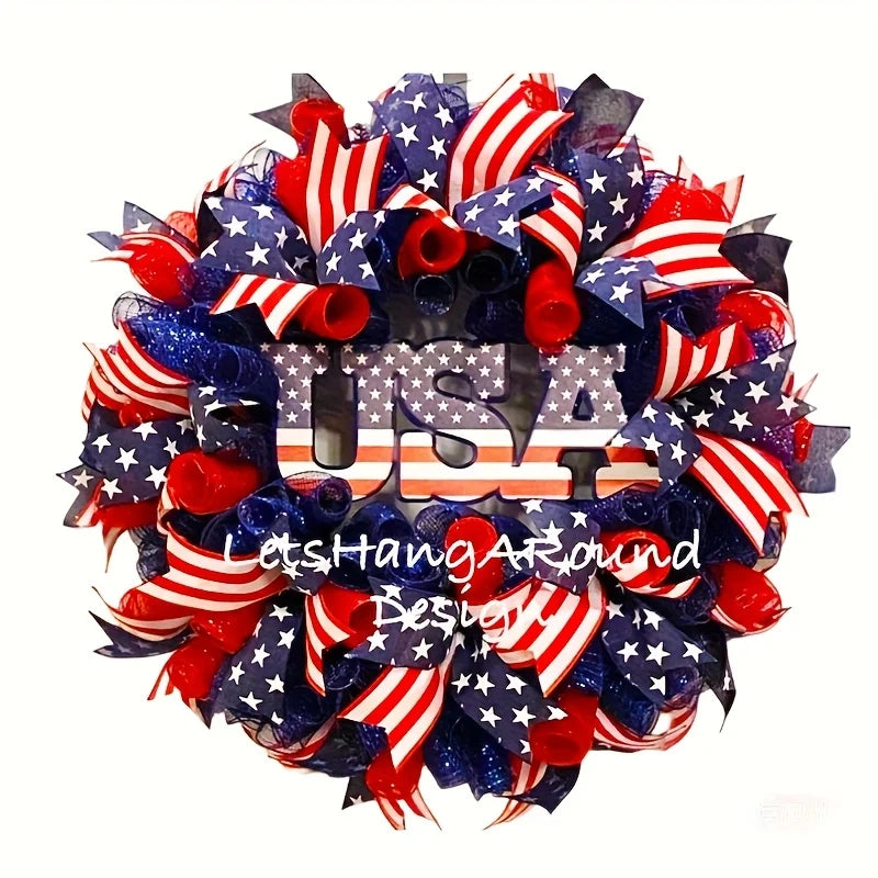 24" Patriotic Wreath – Red, White & Blue USA Flag Design with Stars, Stripes & Lettering