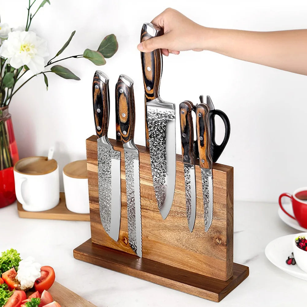 Magnetic Knife Block Double-Sided Wooden Knife Holder Universal Knife Stand for Kitchen Counter Multifunctional Storage