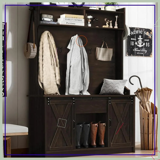5-in-1 Entryway Hall Tree with Shoe Storage, Coat Rack, Bench & Adjustable Shelf - Rustic Brown