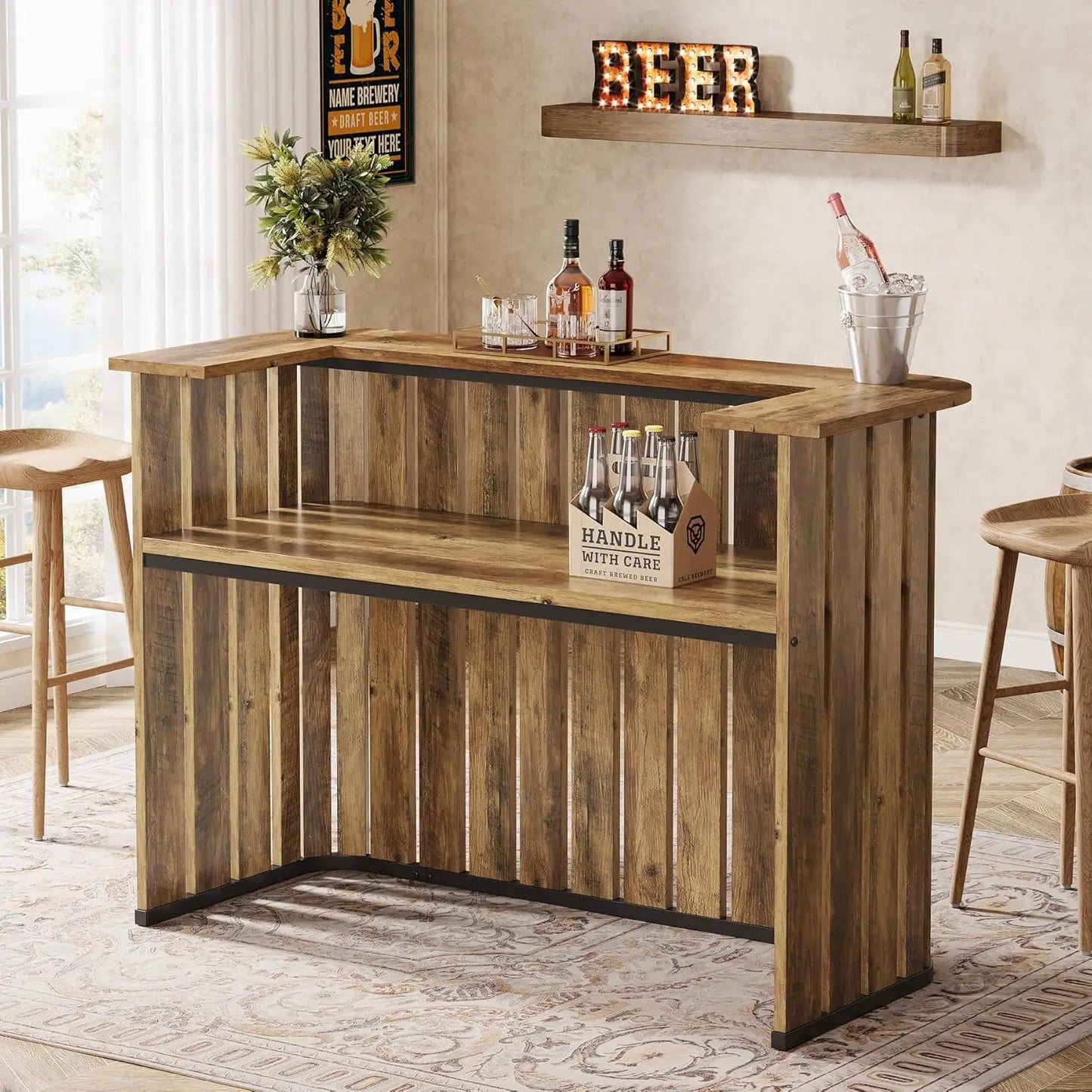 63-Inch Home Bar Unit with Storage, Shelves, 2-Tier