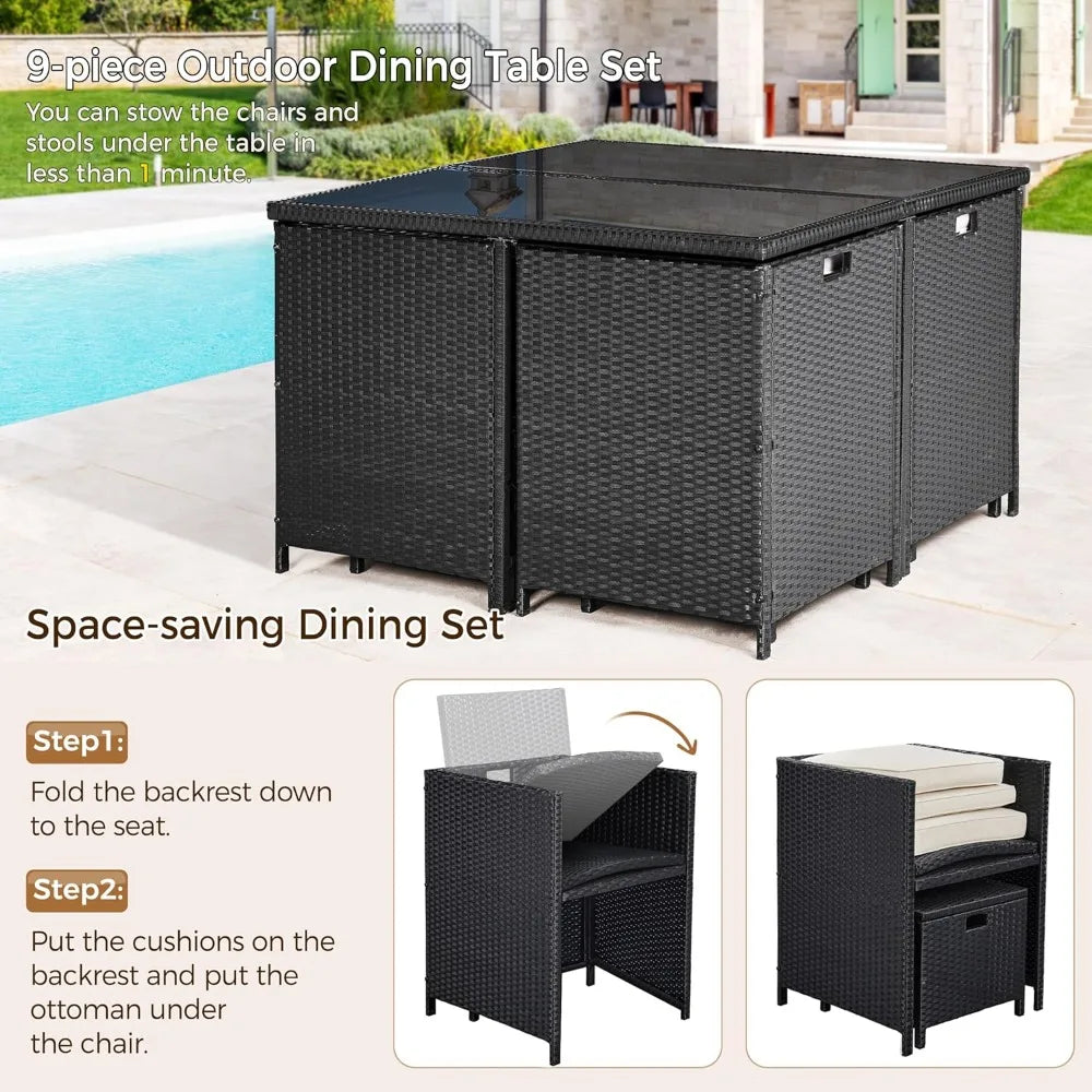 9‑Piece Patio Dining Set – Space‑Saving Rattan Chairs with Glass Table, Wicker Outdoor Conversation Furniture