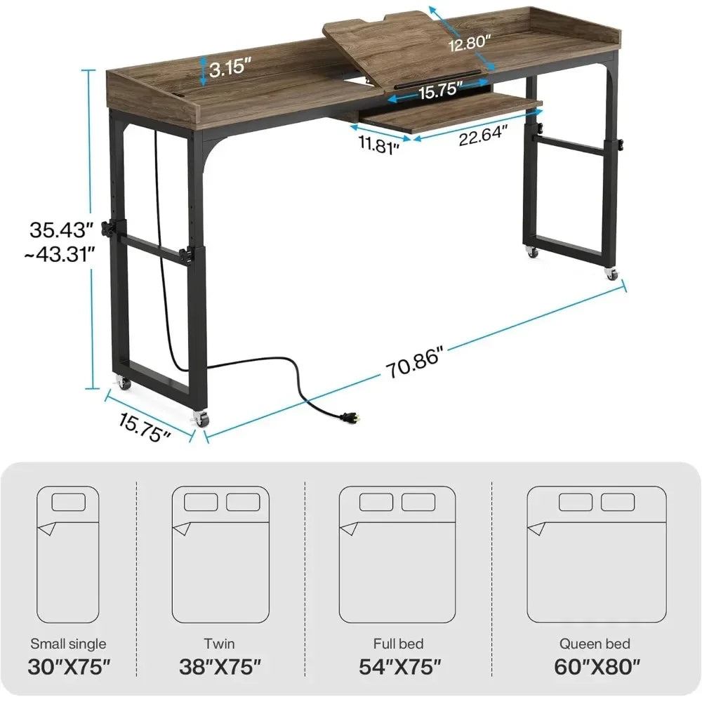 Height‑Adjustable Overbed Table with Wheels – Queen‑Size Rolling Desk & Mobile Laptop Cart
