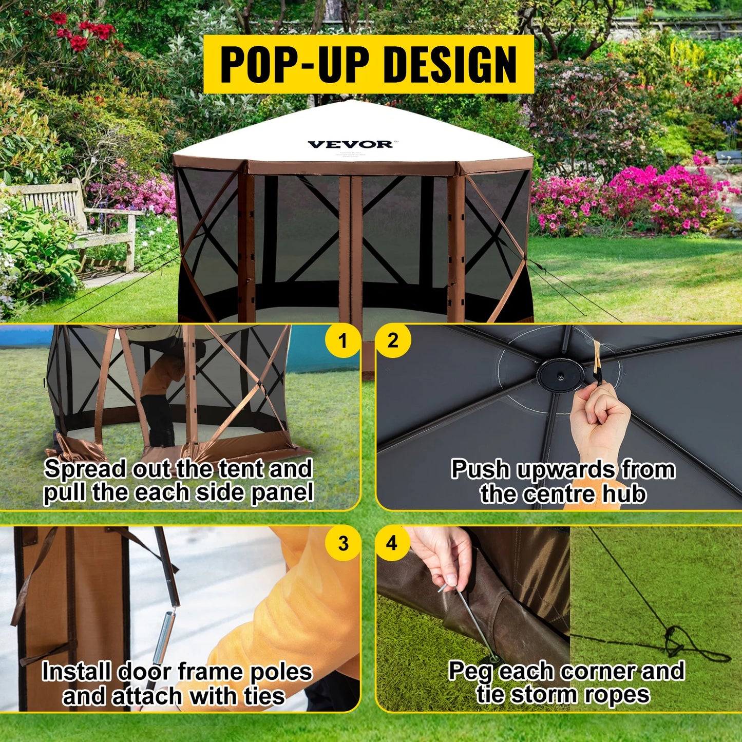 6‑Sided Pop‑Up Camping Gazebo – 12'×12' / 10'×10' Outdoor Canopy Shelter for Camping & Hiking