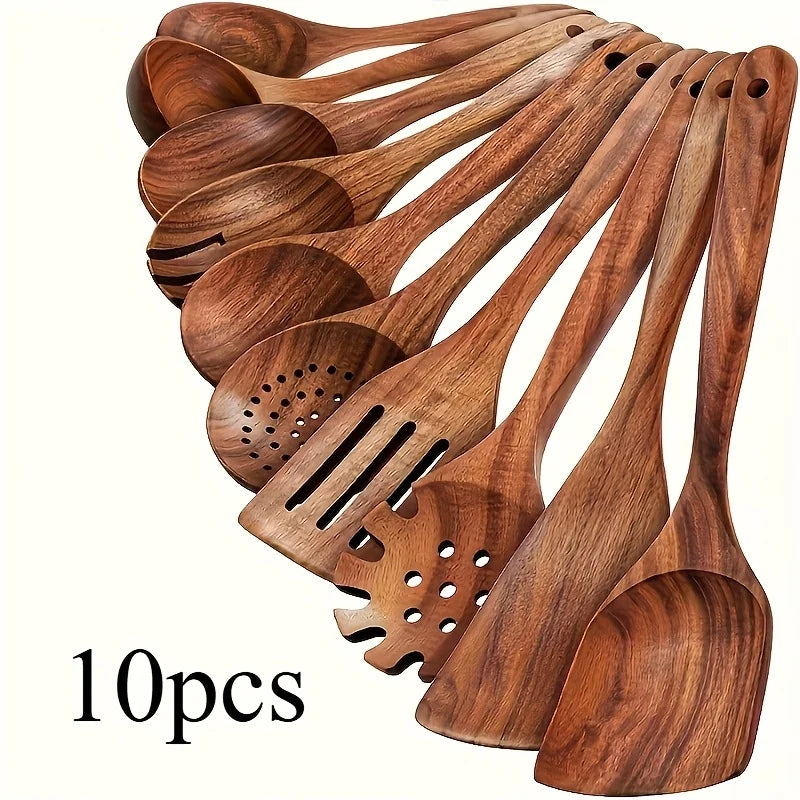 10PCS Natural Wooden Spoon Set Cooking Utensils for Salad Soup Noodles Kitchen Utensil Kit with Spoons Ladles