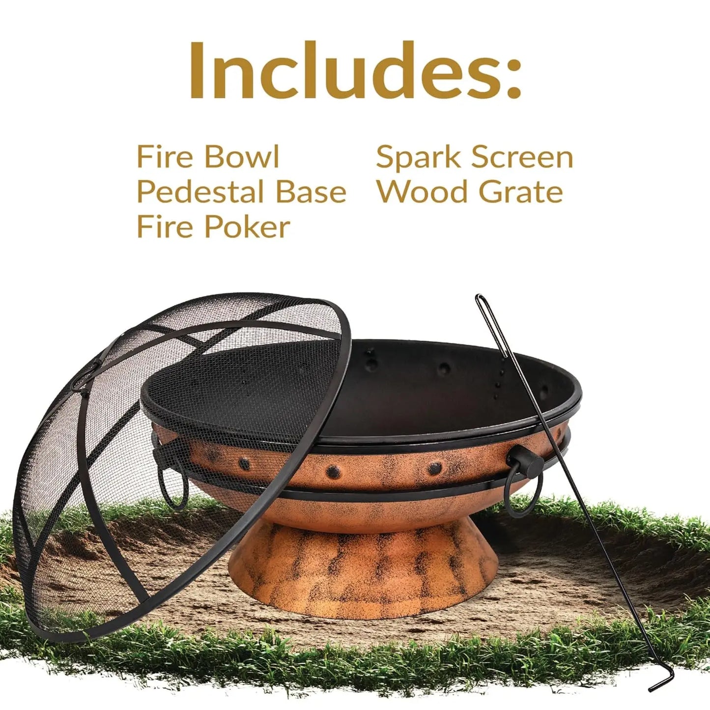 30-Inch Outdoor Fire Pit - Wood Burning Fire Pit for Outside with Poker and Screen - Copper Finish
