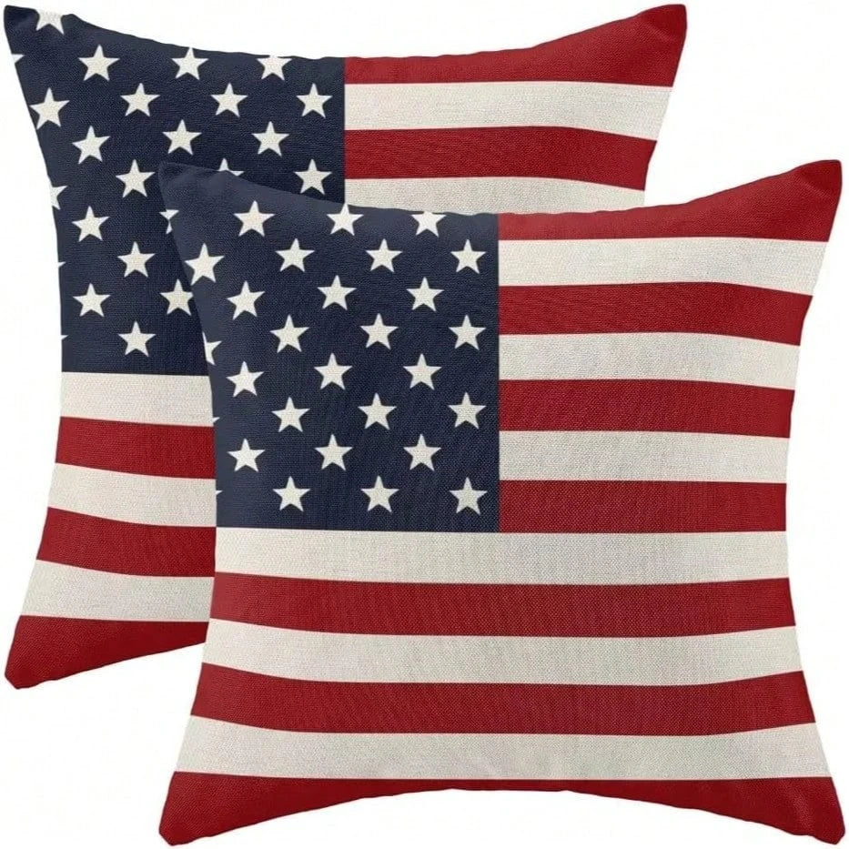 2-piece patriotic pillow cover set. Featuring classic American flag designs in red, white, and blue