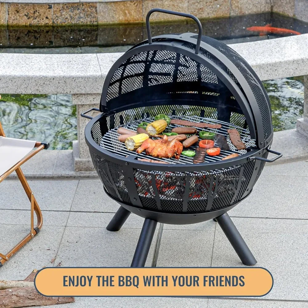 35" Wood Burning Fire Pit with BBQ Grill, Heavy Duty Fire Pit Ball for Outside with Spark Screen