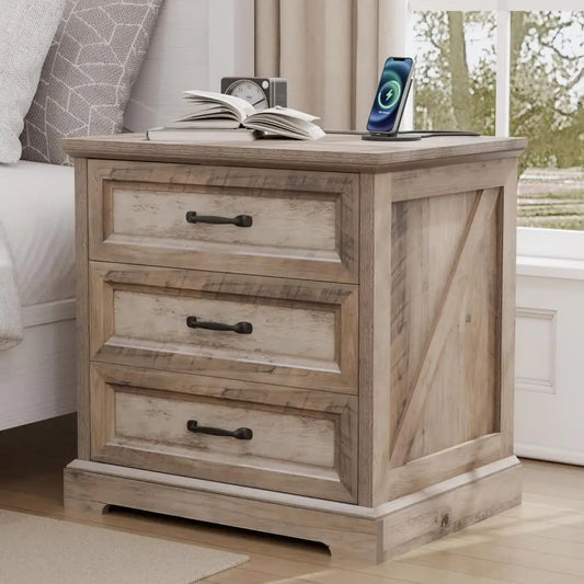 24" Farmhouse Nightstand with Charging Station – Bedside Table with 3 Drawers, AC Outlets & USB Ports