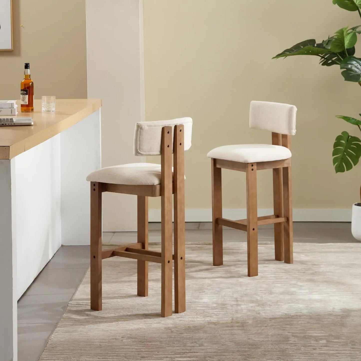 30" Wooden Bar Stools (Set of 4) – Curved Back Counter Chairs with Linen Upholstered Seat