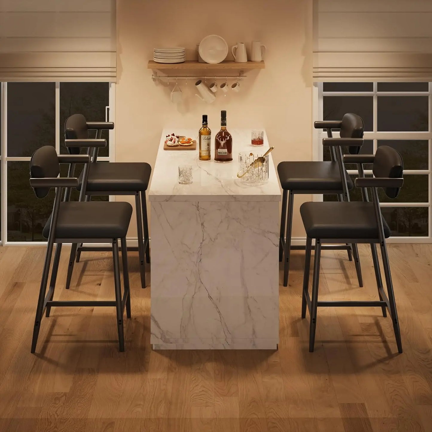 Modern Bar Stools (2-Pack) – Upholstered Wide‑Seat Stools with Backrest & Footrest