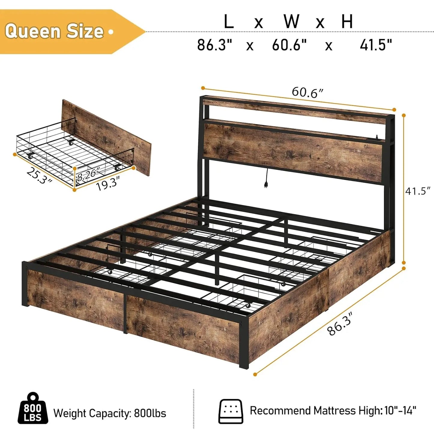 Queen Bed Frame with Storage Headboard and 4 Drawers, Metal Platform