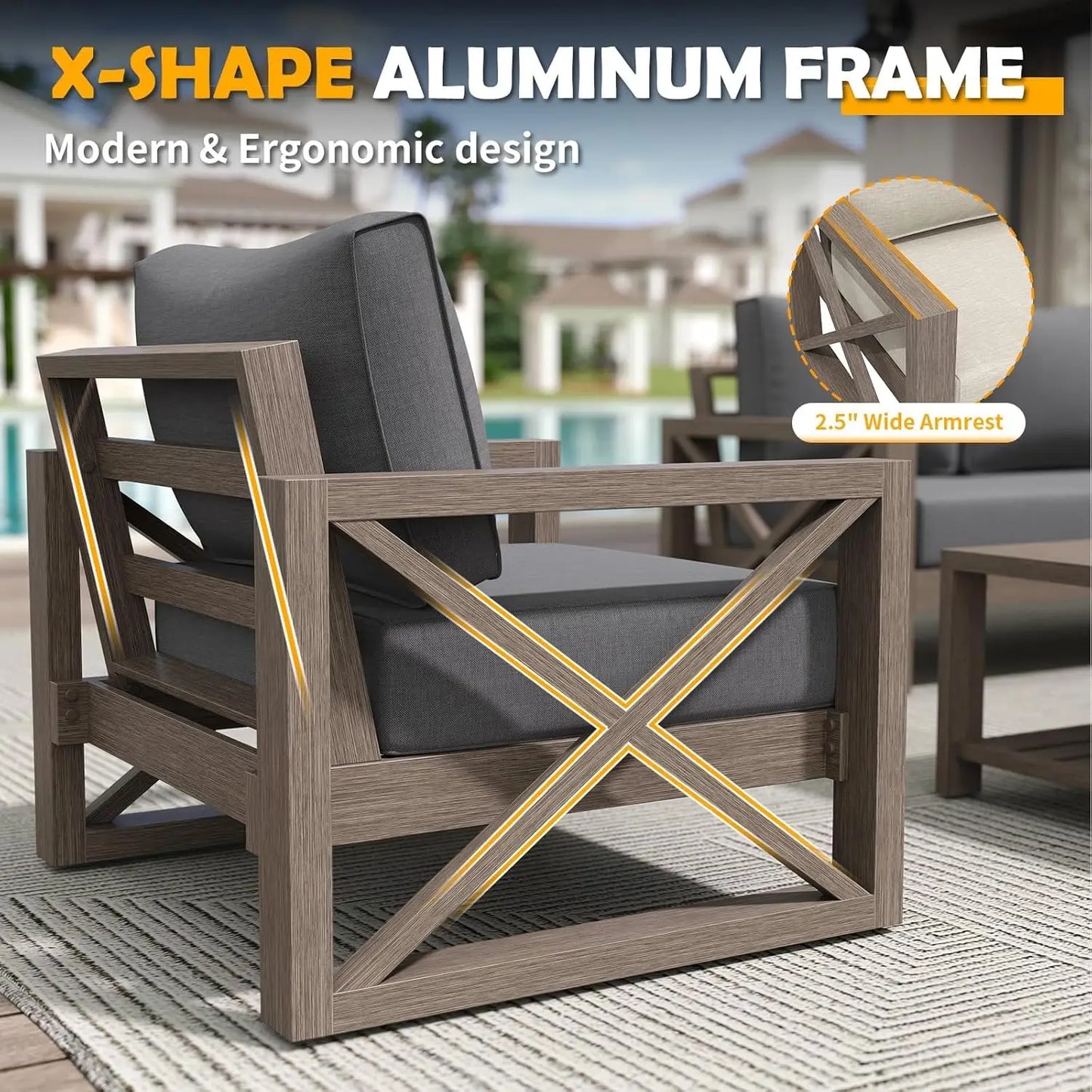 8‑Piece Aluminum Patio Sofa Set with Fire Pit – 6" Cushions, Waterproof Cover, Dark Grey