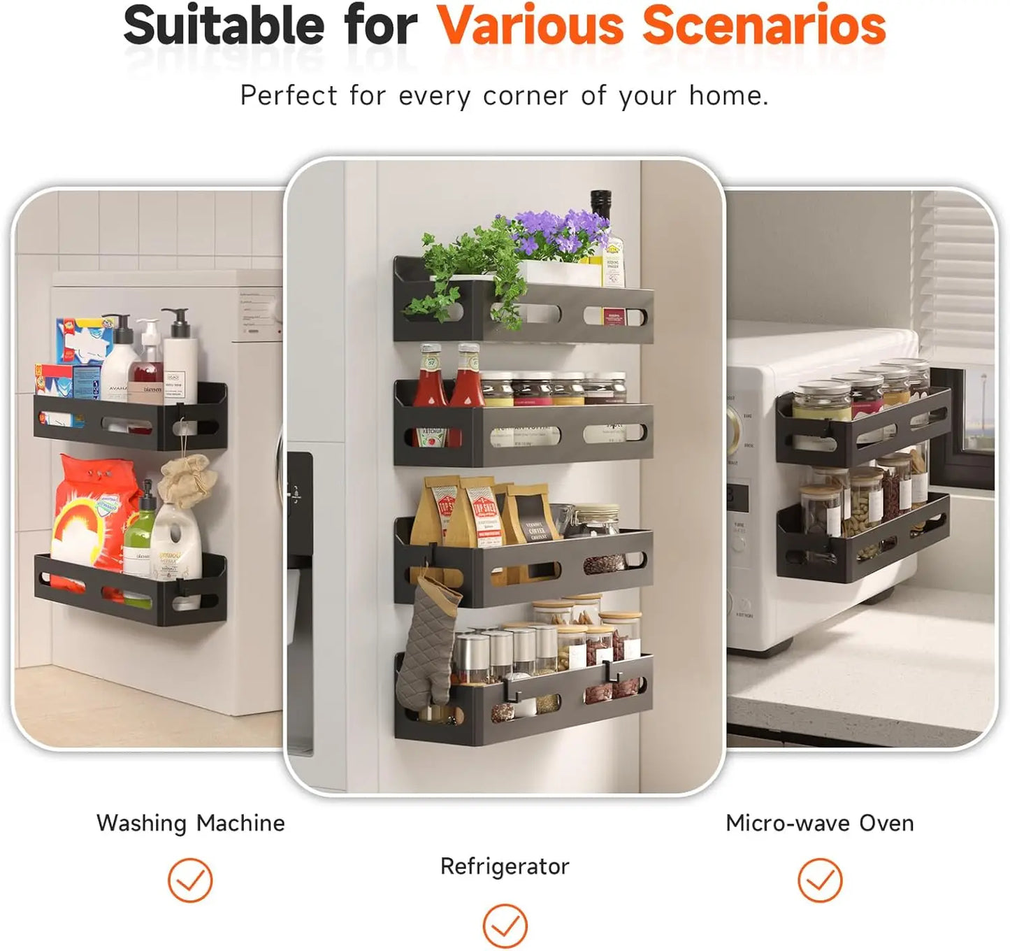 Magnetic Spice Rack for Refrigerator, Kitchen Organizer and Storage Shelf, Black (4 Pack)