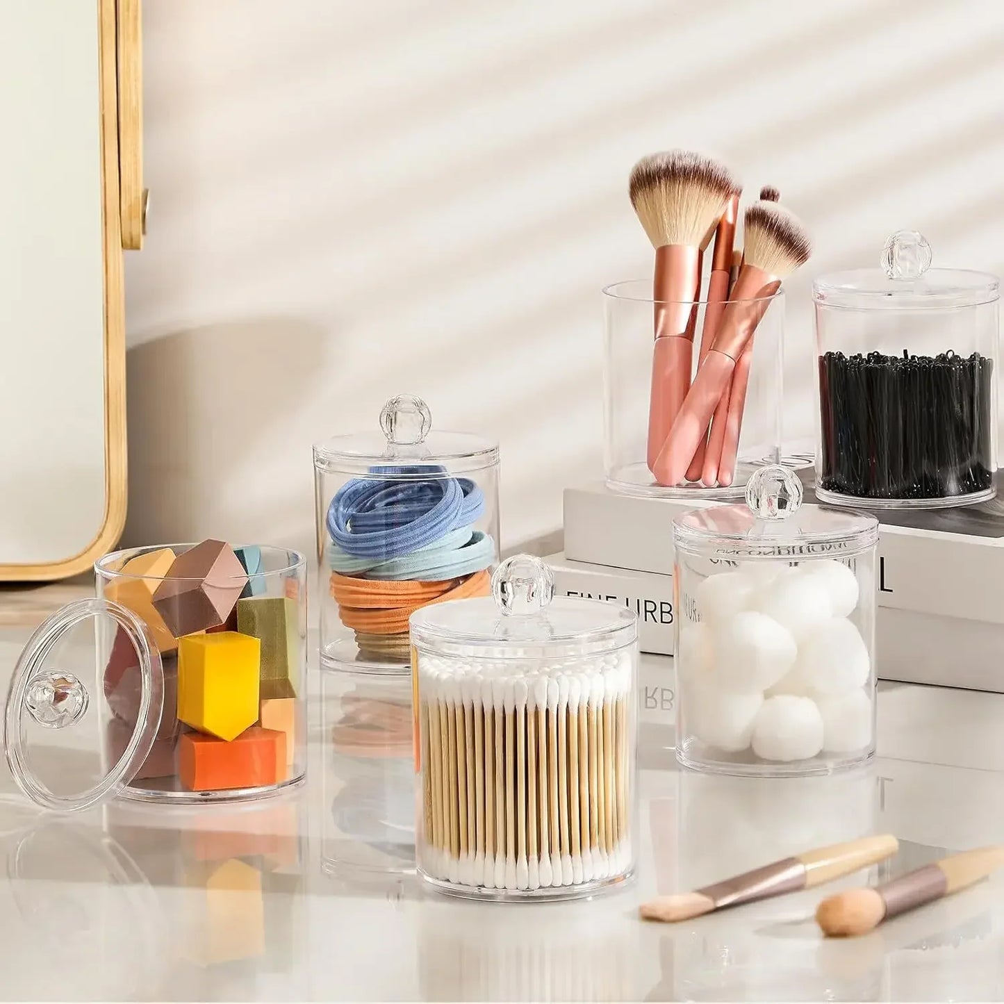 Storage Box and Jar Organizer, Cotton Balls, Cotton Round Pad Holder, Q-tip Dispenser with Bamboo Lid