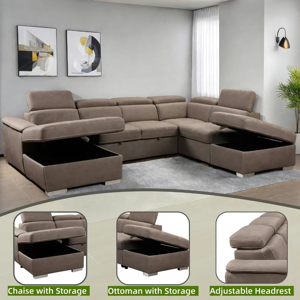 127" Oversized U‑Shaped Sectional Sofa – Microfiber Sleeper with Pullout Bed