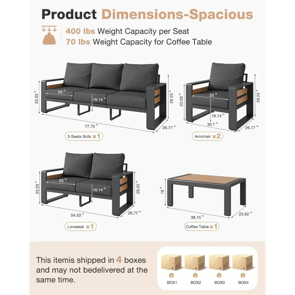 5-Piece Aluminum Patio Furniture Set – Luxury Outdoor Sectional with 6" Cushions