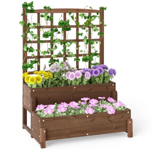 2‑Tier Wooden Elevated Garden Bed with Trellis – Raised Planter Boxes with Built‑In Drainage Holes