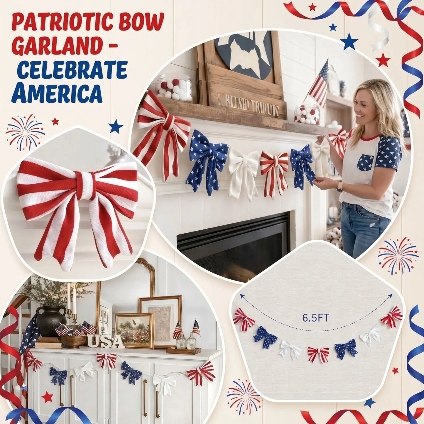 Independence Day Patriotic Bow Garland with Star and Stripe Pattern Decorative Hanging Bows for Party Decor