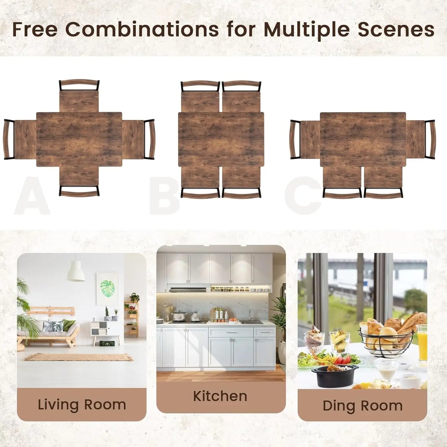 5-Piece Dining Table Set - Table and 4 Chairs with Backrest and Metal Frame