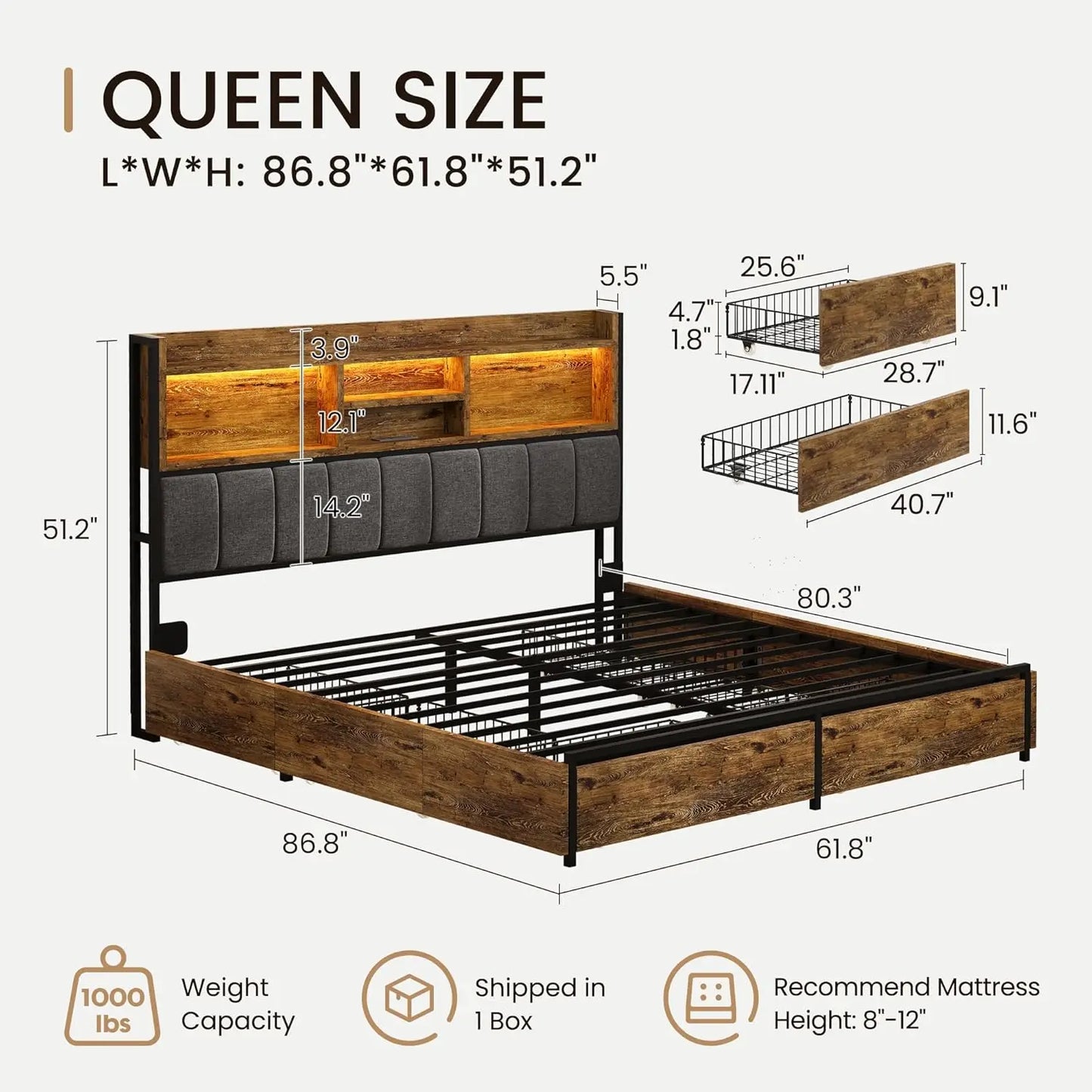 Queen Bed Frame with 6 Storage Drawers, Linen Upholstered Headboard, Built-in USB Charging Station & LED Lighting