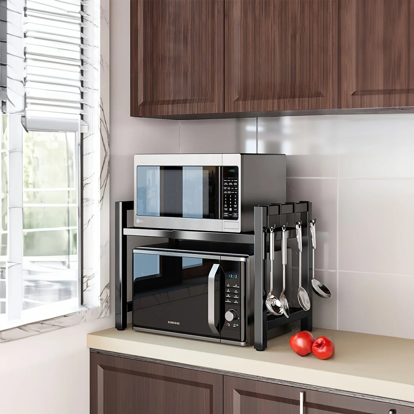 Adjustable Microwave Shelf (16"–25") – Expandable Kitchen Rack with 6 Hanging Hooks
