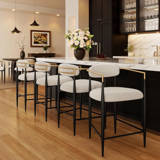 Modern Upholstered Counter Height Bar Stools Set 4 - High Back Black Metal Legs 26in