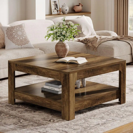 39" Square Coffee Table with Storage – Large Rustic Brown Farmhouse Center Table for Living Room