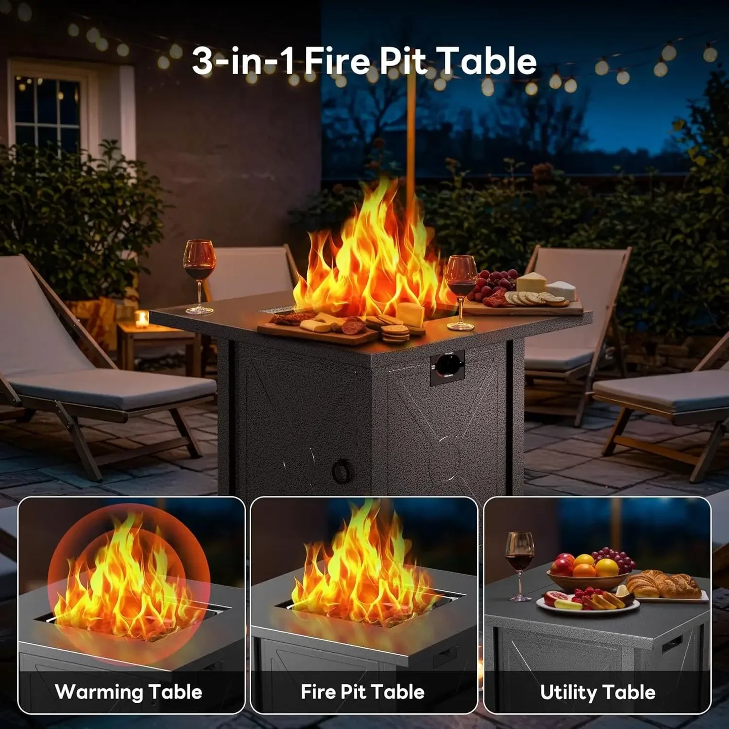 28" Propane Fire Pit – 3‑in‑1 Multi‑Use Outdoor Fire Pit Table with Lid & Lava Rocks