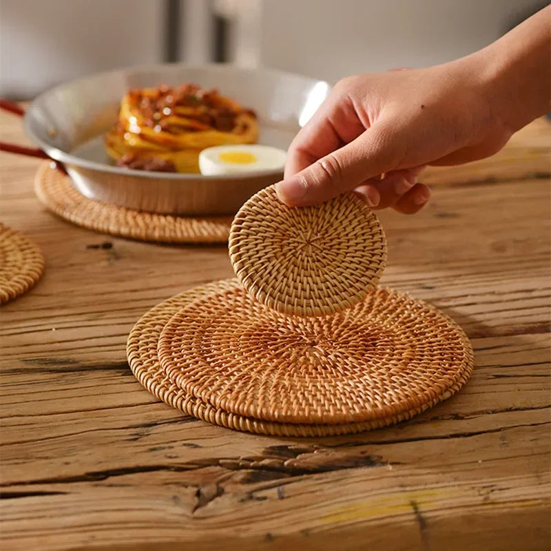 Heritage Round Rattan Coaster Set | 6-Piece Woven Drink Mats