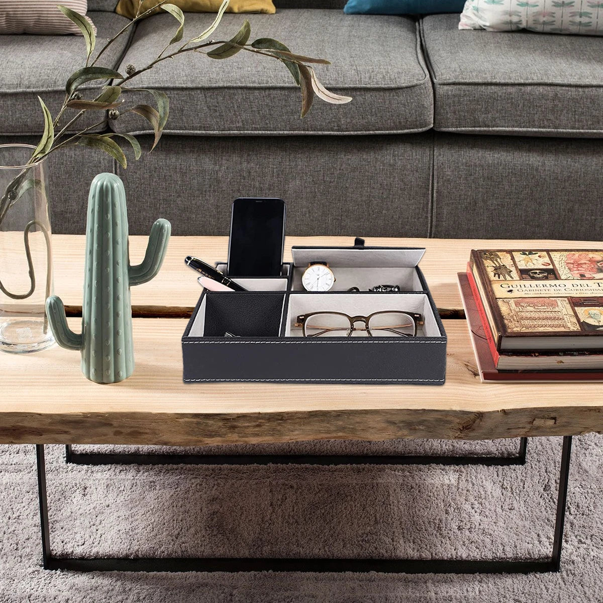 Faux Leather Men’s Valet Tray – 5‑Compartment Desktop Organizer for Office or Bedside
