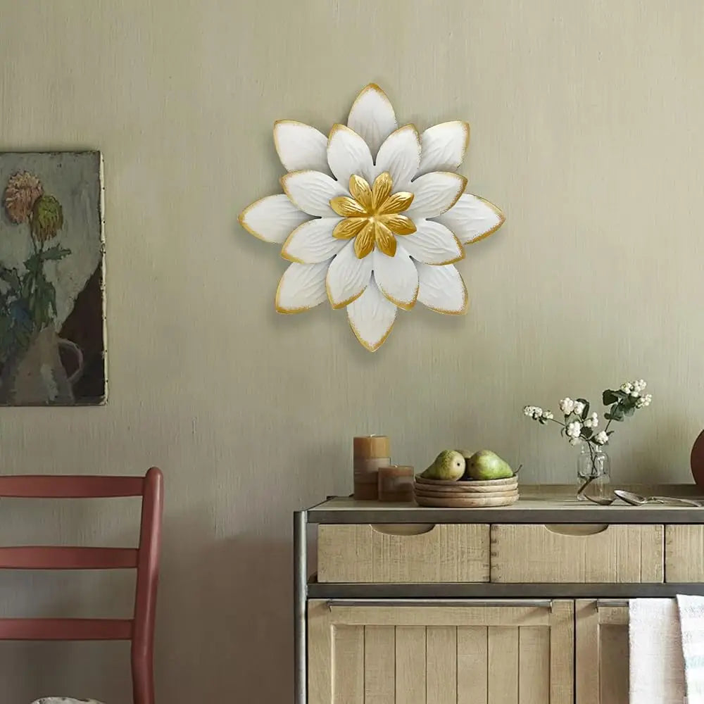 9“ White and Gold Metal Flower Wall Art, Modern Rustic Floral Decor for Indoor Living Room, Bedroom, Office, or Outdoor