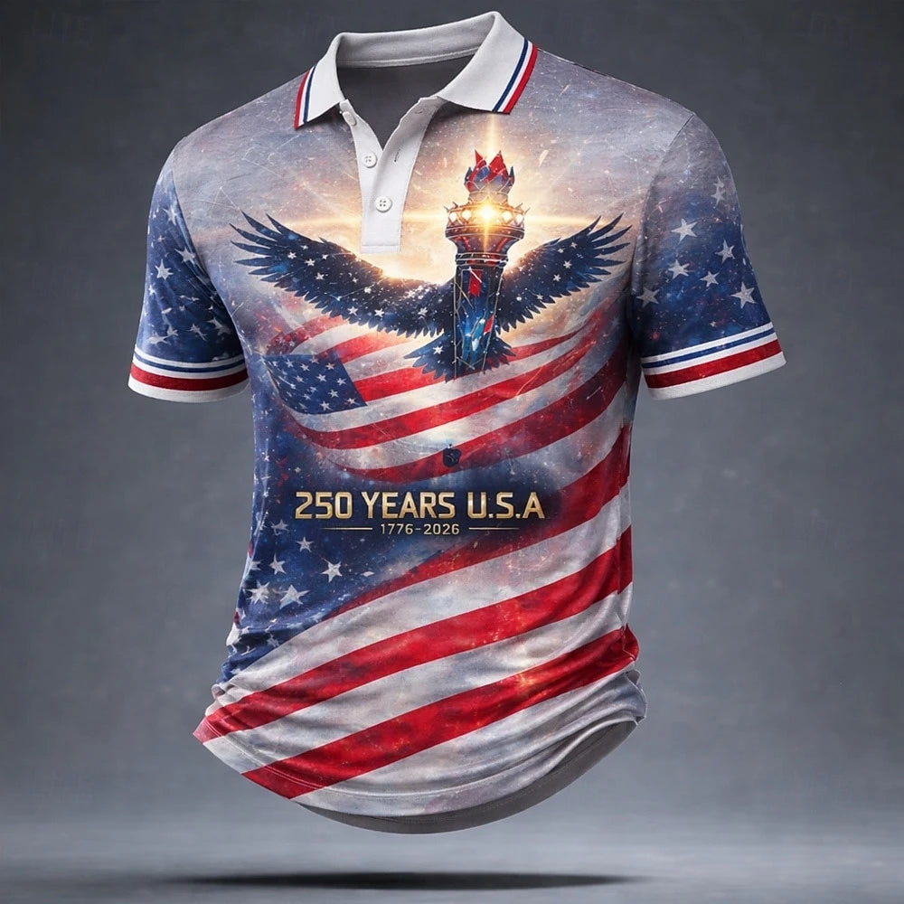 USA 250 Year Anniversary  American Flag Polo Shirt
