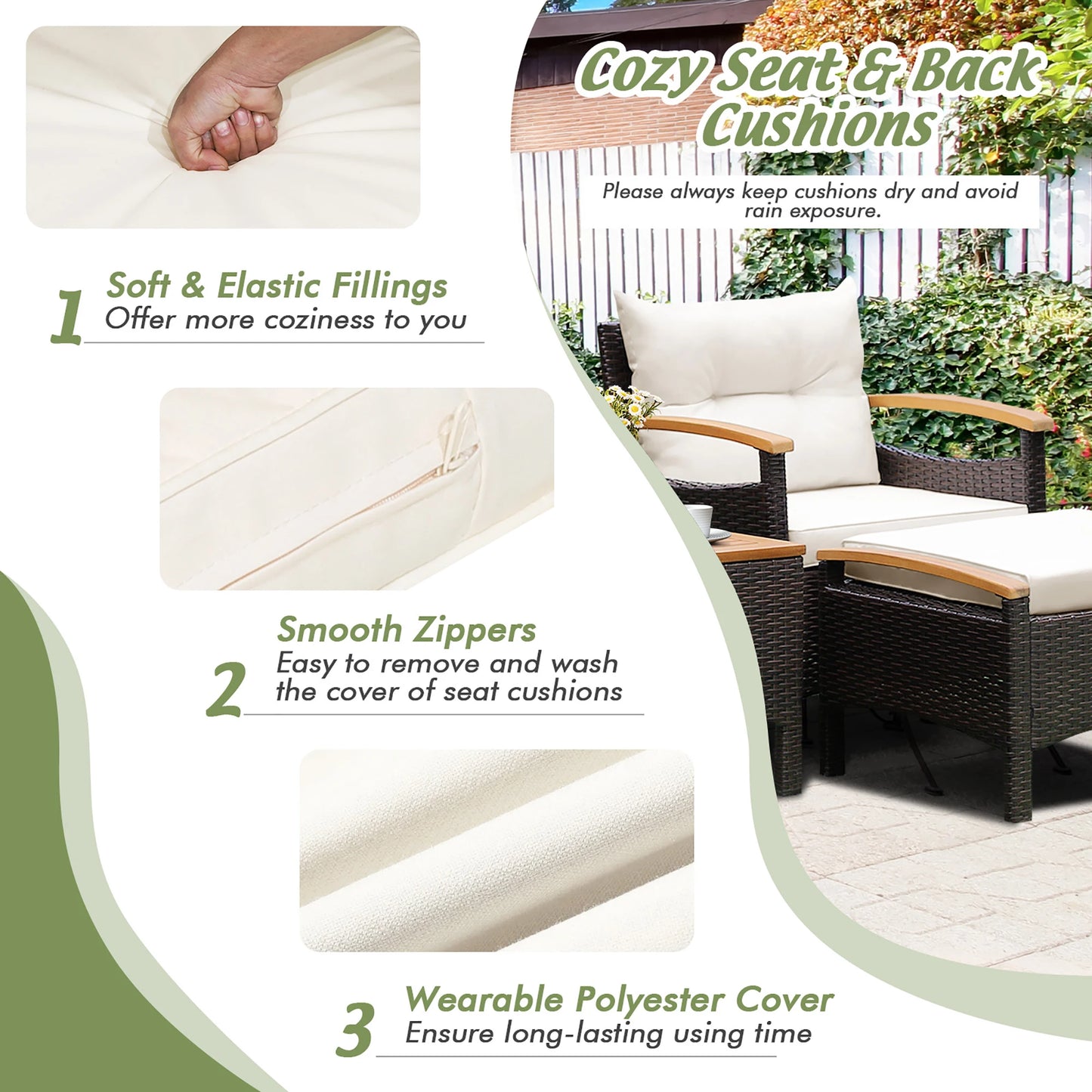 5-PCS Patio Rattan Wicker Furniture Set, 2 Chairs, 2 Ottomans with Table