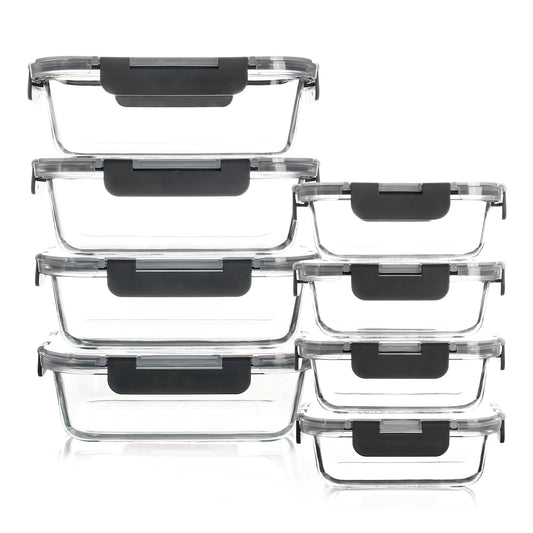 8-Piece Glass Food Storage Containers Set, BPA-Free, Leakproof, Microwave & Oven Safe, 6 Sizes, Glass Lock Lid