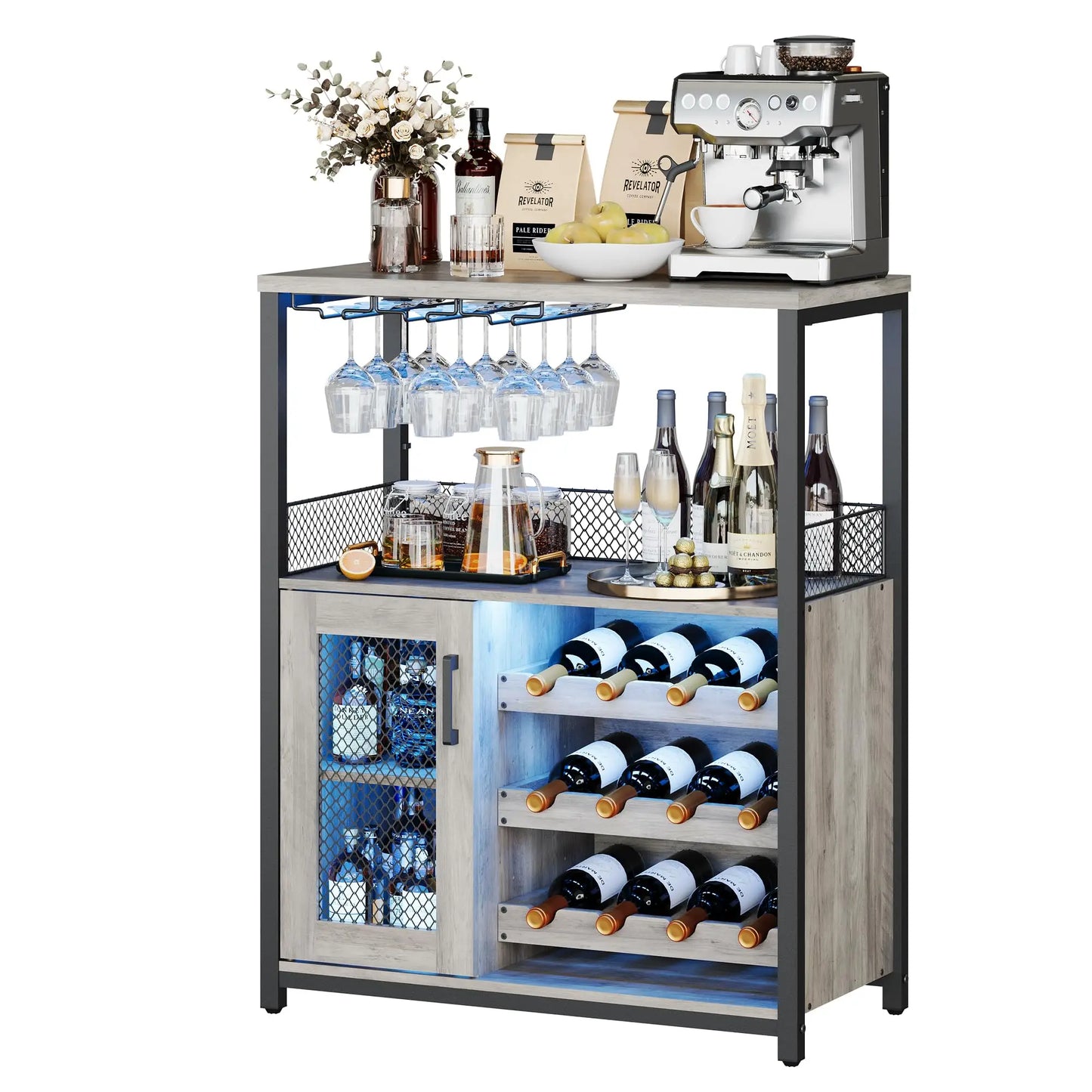Vintage 3-Tier Wine Bar Cabinet With Adjustable Shelves & Glass Holder