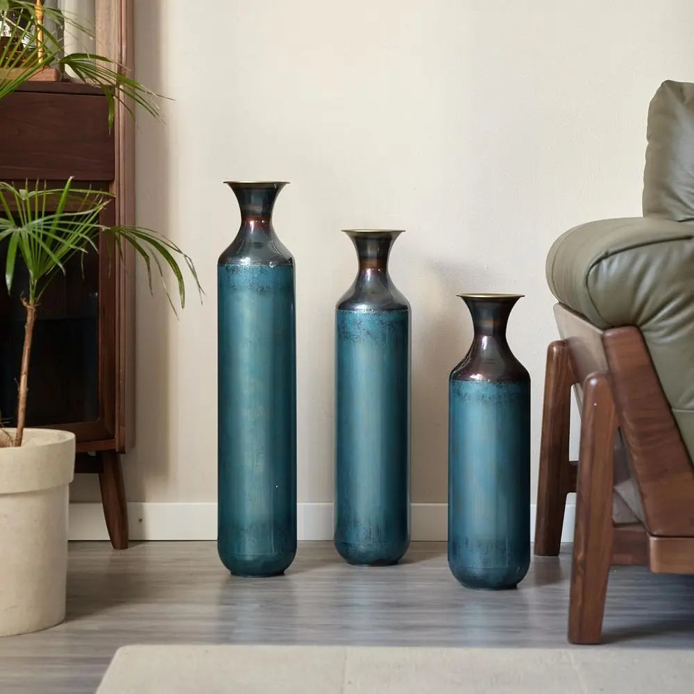 Set of 3 Large Metal Decorative Vases – Elegant Glazed Vase Trio for Living Room, Entryway, Hallway & Dining Room Décor