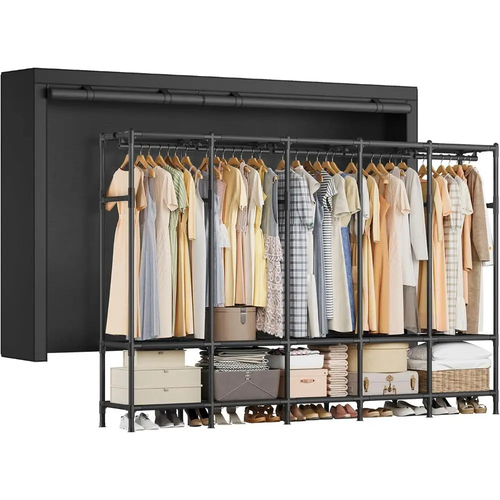 Portable Closet Organizer with Fabric Cover, 5 Rails, 10 Shelves, Black