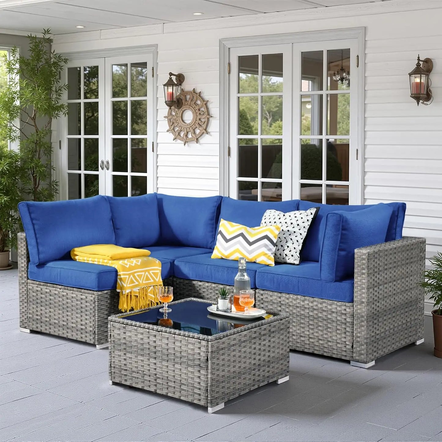 5 PCS Outdoor Patio Furniture Sets, Wicker - Weather Resistant