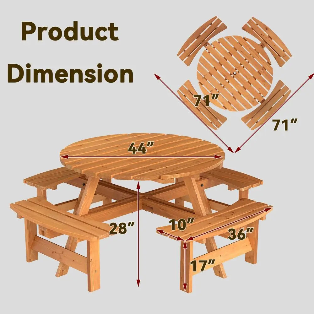 8‑Person Wood Picnic Table – Outdoor Round Table with 4 Built‑In Benches & Umbrella Hole