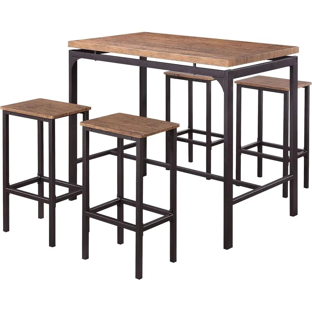 5-Piece Rustic Weathered Wood Bar Table Set with Metal Legs and Backless Stools