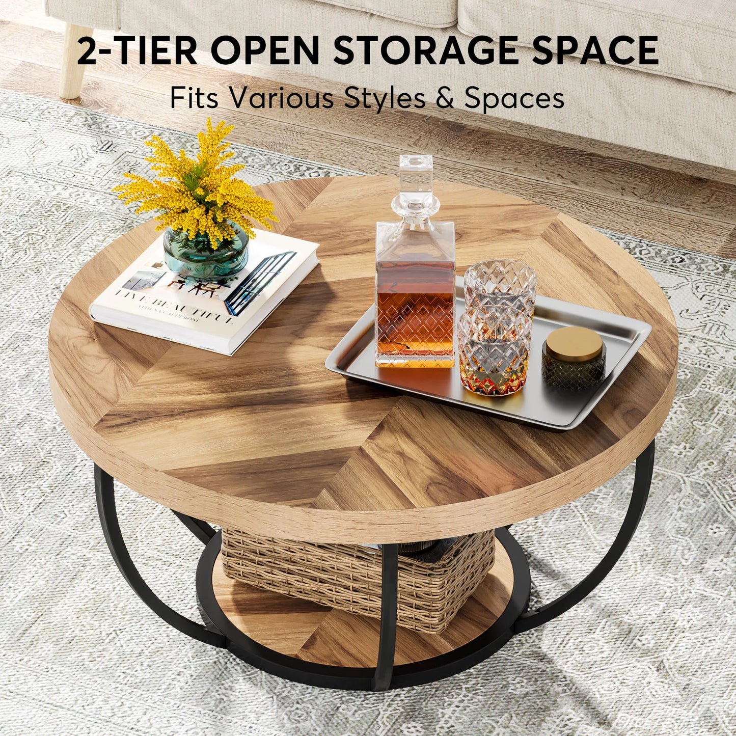 31" Round Coffee Table, Industrial 2-Tier Table with Storage Shelves