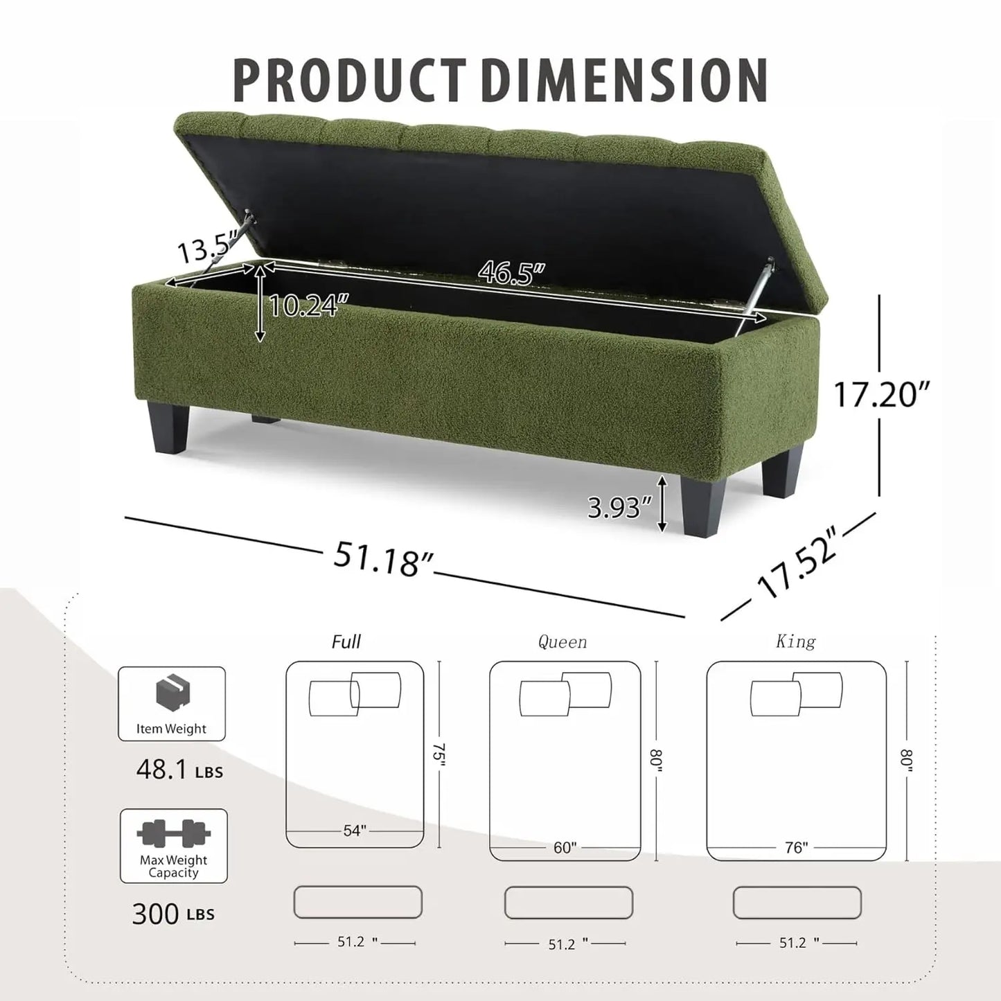 51.2'' Green Ottoman, Upholstered Bench with Wood Legs