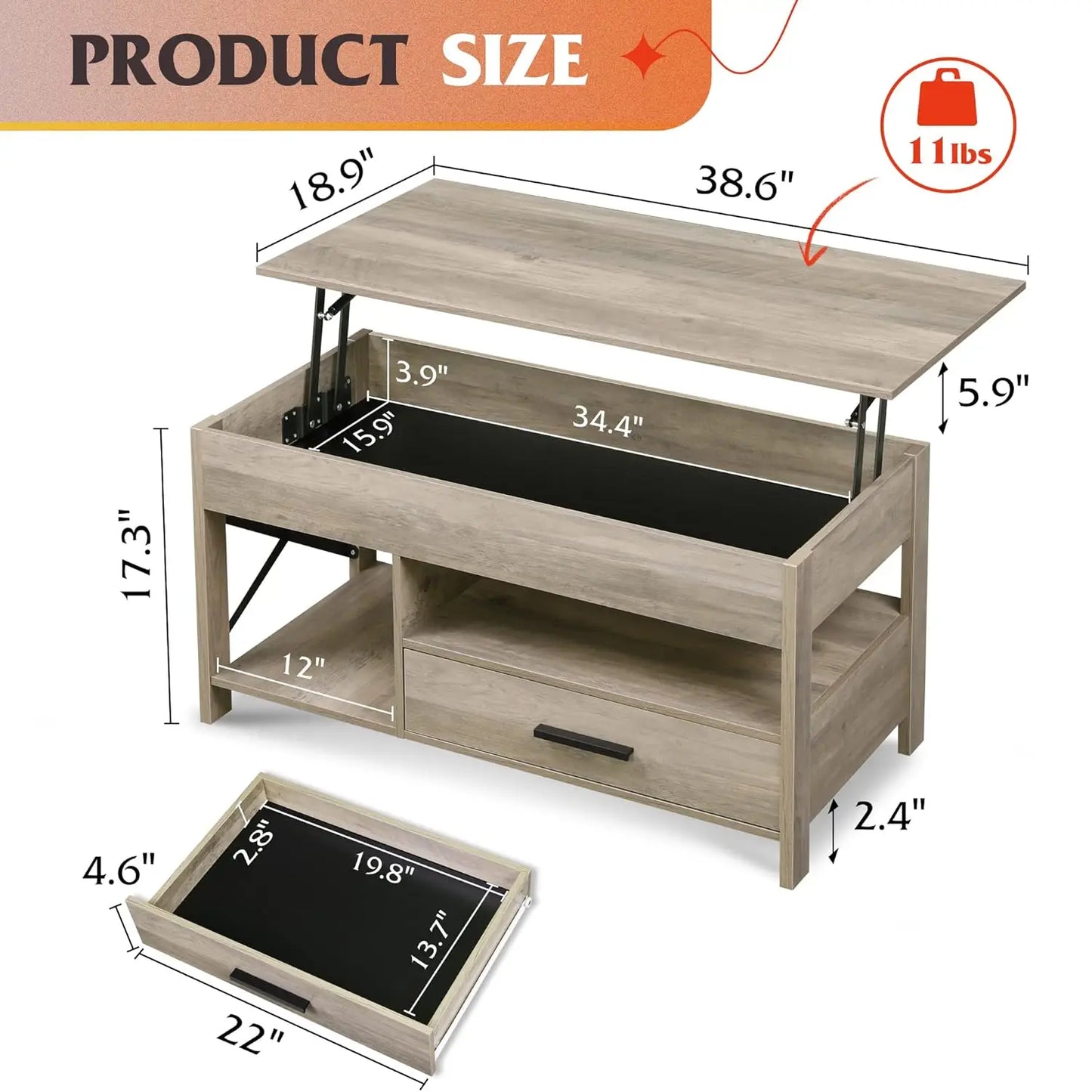 39" Lift Top Coffee Table with Hidden Compartment, Storage Drawers and Storage Shelf for Living Room
