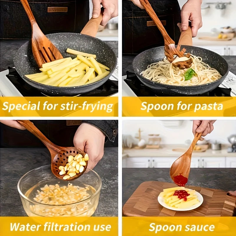 10PCS Natural Wooden Spoon Set Cooking Utensils for Salad Soup Noodles Kitchen Utensil Kit with Spoons Ladles