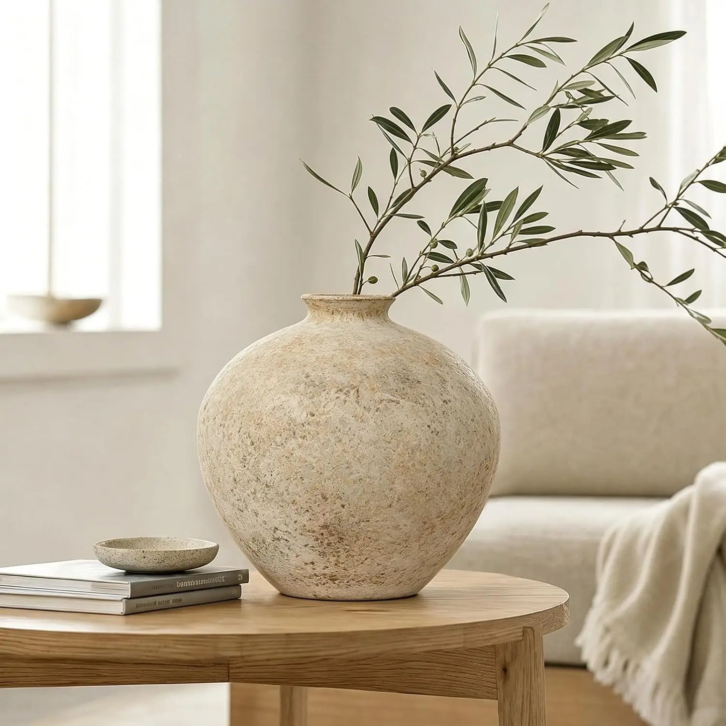 9.5" Rustic Ceramic Vase – Distressed Textured Beige Pottery Vase for Pampas Grass, Flowers & Home Décor