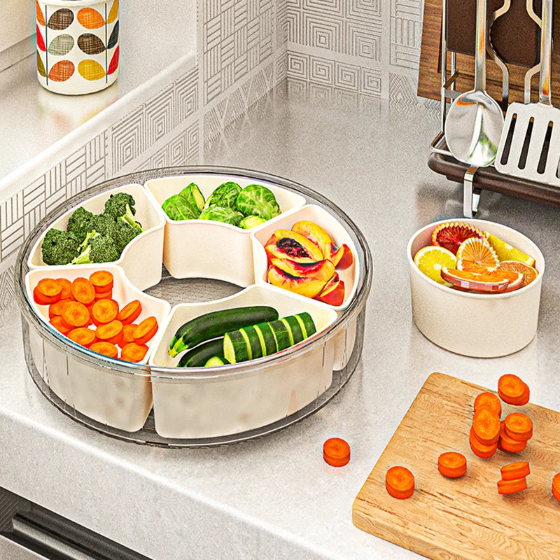 Multi Compartment Round tray with  Clear Lid and Handle and Dividers, Rotating Serving Tray