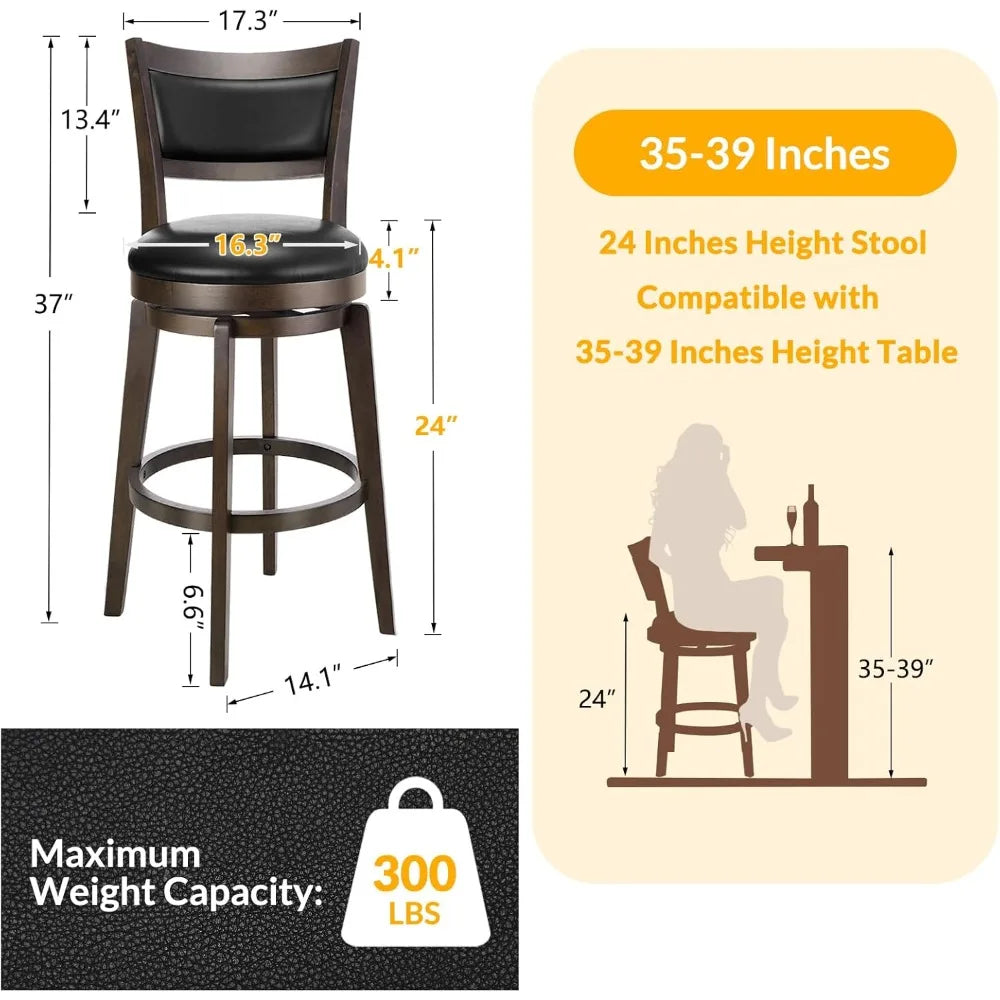 Swivel Bar Stools Set of 2 - 24 Inch Counter Height Barstools, Black Faux Leather