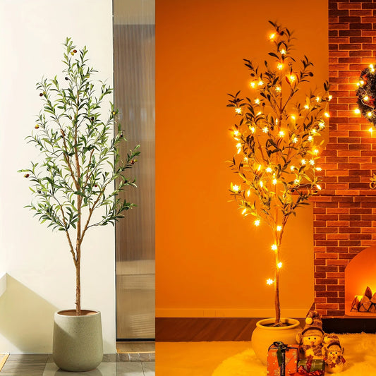 Artificial Olive Tree – Potted Faux Silk Plant with Natural Wood Trunk & Lifelike Olives for Home or Office